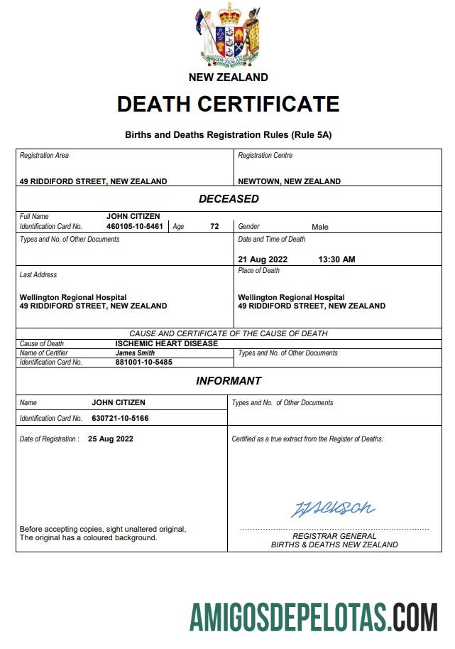 Imprimível modelo Word e PDF de certidão de óbito da Nova Zelândia